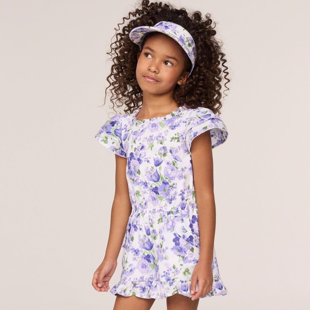 Janie and Jack Lavender Petal Perfect Romper With Matching Visor, Size 10